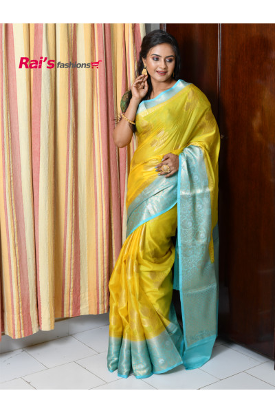Handloom Soft Silk Saree With Zari Weaving All Over Base And Contrast Color Border Design (RAI219)